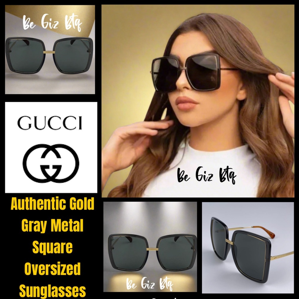 GUCCI Authentic Gold Gray Metal Square Oversized Sunglasses GG0903S 001 60MM NWT